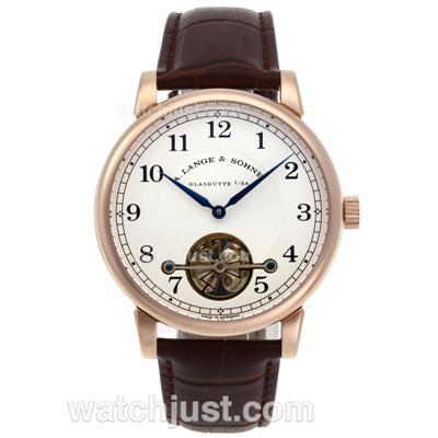 A.Lange & Sohne Classic Tourbillon Manual Winding Rose Gold Case with White Dial-Leather Strap