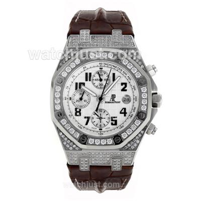 Audemars Piguet Royal Oak Chronograph Swiss Valjoux 7750 Movement Diamond Bezel and Case with White Checkered Dial-Leathe