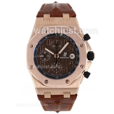 Audemars Piguet Royal Oak Offshore Chrono Swiss Valjoux 7750 Movement Rose Gold Case with Brown Checkered Dial-Brown Leat