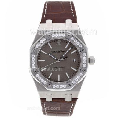 Audemars Piguet Royal Oak Swiss ETA 2836 Movement Diamond Bezel with Gray Checkered Dial-Brown Leather Strap