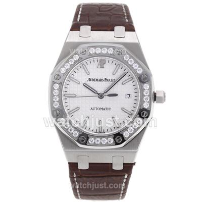 Audemars Piguet Royal Oak Swiss ETA 2836 Movement Diamond Bezel with White Checkered Dial-Brown Leather Strap