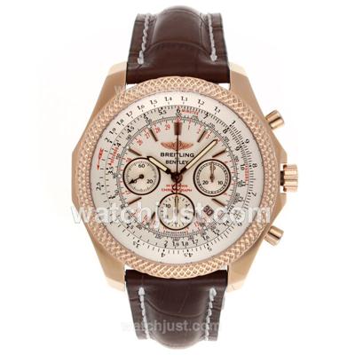 Breitling for Bentley Chronograph Swiss Valjoux 7750 Movement Rose Gold Case with White Dial-Leather Strap