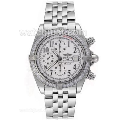 Breitling Chronomat Evolution Chronograph Swiss Valjoux 7750 Movement Diamond Bezel Number Markers with White Dial S/S