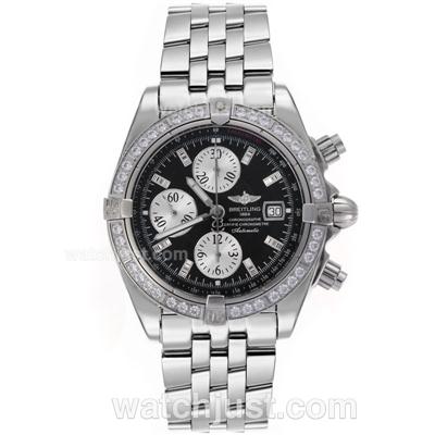 Breitling Chronomat Evolution Chronograph Swiss Valjoux 7750 Movement Diamond Bezel Stick Markers with Black Dial S/S