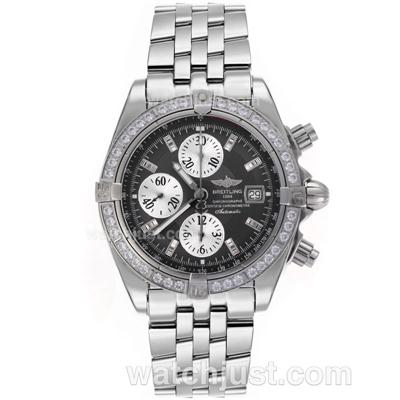 Breitling Chronomat Evolution Chronograph Swiss Valjoux 7750 Movement Diamond Bezel Stick Markers with Gray Dial S/S