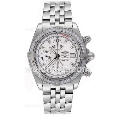 Breitling Chronomat Evolution Chronograph Swiss Valjoux 7750 Movement Diamond Bezel Stick Markers with White Dial S/S