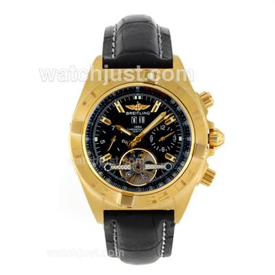 Breitling Chronomat Evolution Tourbillon Automatic Gold Case with Black Dial-Leather Strap