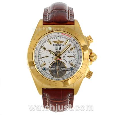 Breitling Chronomat Evolution Tourbillon Automatic Gold Case with White Dial-Leather Strap