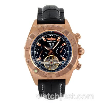 Breitling Chronomat Evolution Tourbillon Automatic Rose Gold Case with Black Dial-Leather Strap