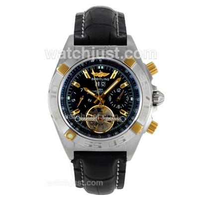 Breitling Chronomat Evolution Tourbillon Automatic Two Tone Case with Black Dial-Leather Strap