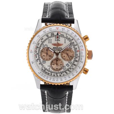 Breitling Navitimer Working Chronograph Two Tone Case Number Markers with White Dial-Leather Strap