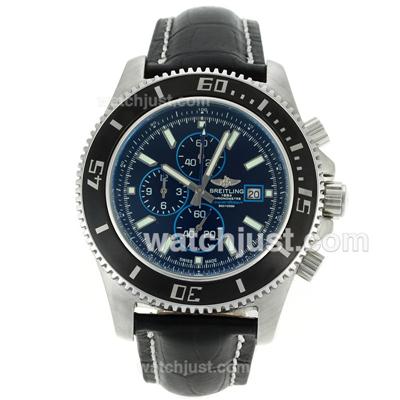 Breitling Super Ocean Working Chronograph Black Bezel Blue Needles with Black Dial-Leather Strap