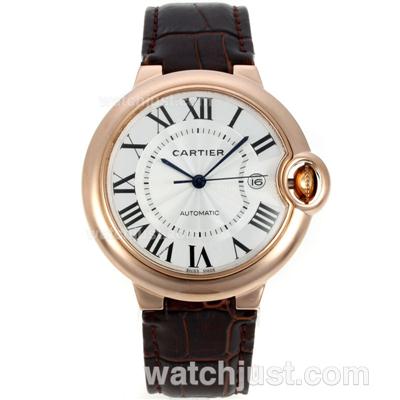 Cartier Ballon bleu de Cartier Automatic Rose Gold Case with Whie Dial-Brown Leather Strap