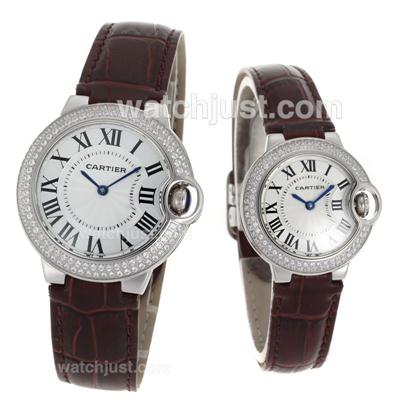 Cartier Ballon bleu de Cartier Diamond Bezel White Dial with Brown Leather Strap-Couple Watch