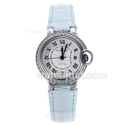 Cartier Ballon bleu de Cartier Diamond Bezel with Blue Leather Strap-Lady Size