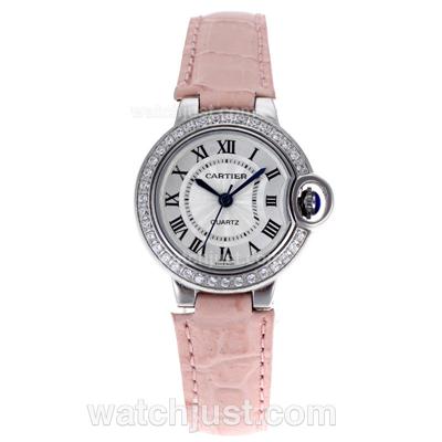 Cartier Ballon bleu de Cartier Diamond Bezel with Pink Leather Strap-Lady Size