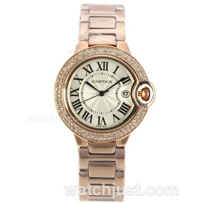 Cartier Ballon bleu de Cartier Full Rose Gold Case Diamond Bezel with White Dial