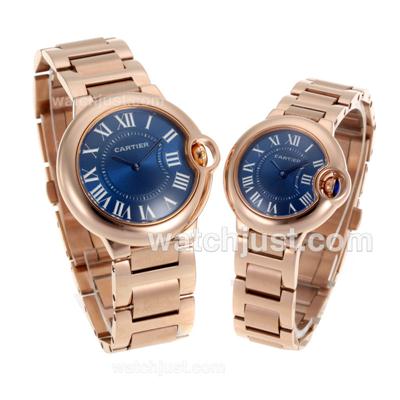 Cartier Ballon bleu de Cartier Full Rose Gold Case Roman Markers with Blue Dial-Couple Watch