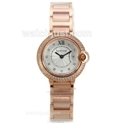 Cartier Ballon bleu de Cartier Full Rose Gold Diamond Bezel Diamond Markers with White Dial-Lady Size