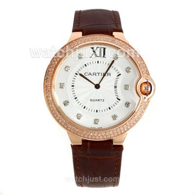 Cartier Ballon bleu de Cartier Rose Gold Case Diamond Bezel and Markers with White Dial-Leather Strap