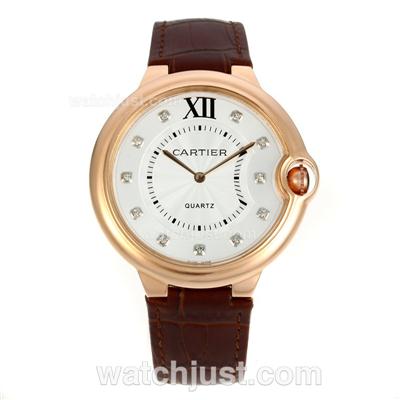 Cartier Ballon bleu de Cartier Rose Gold Case Diamond Markers with White Dial-Leather Strap