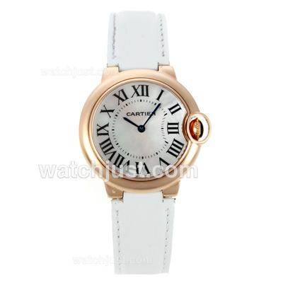 Cartier Ballon bleu de Cartier Rose Gold Case with MOP Dial-White Leather Strap-Medium Size