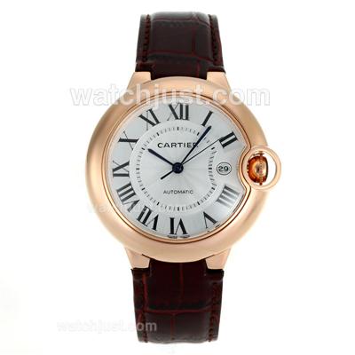 Cartier Ballon bleu de Cartier Rose Gold Case with White Dial-Brown Leather Strap