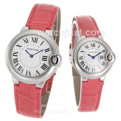 Cartier Ballon bleu de Cartier White Dial with Pink Leather Strap-Couple Watch