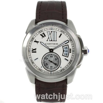 Cartier Calibre de Cartier Automatic with White Dial-Brown Leather Strap