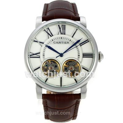 Cartier Calibre de Cartier Double Tourbillon Automatic with White Dial-Leather Strap