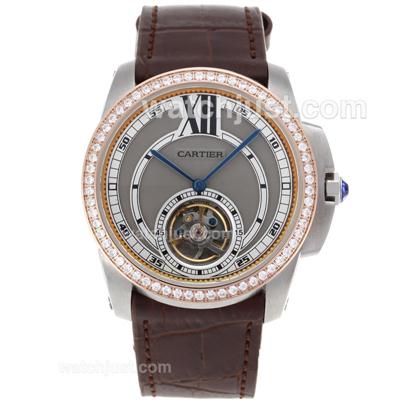 Cartier Calibre de Cartier Tourbillon Automatic Two Tone Case Diamond Bezel with Gray Dial-Leather Strap