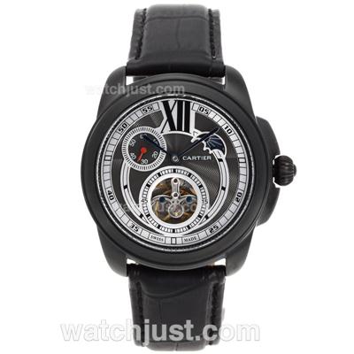 Cartier Calibre de Cartier Tourbillon Working Moonphase Automatic PVD Case with Black Dial-Leather Strap