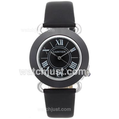 Cartier Classic Ceramic Bezel with Black Dial-Leather Strap