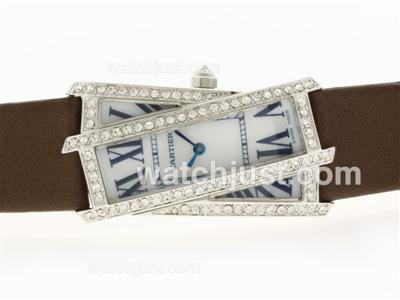 Cartier Classic Diamond Bezel White Dial with Brown Leather Strap-Lady Size