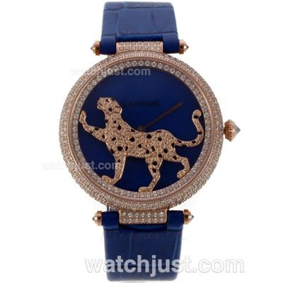 Cartier Panthere de Cartier Rose Gold Case Full Diamond Bezel with Blue MOP Dial-Leather Strap