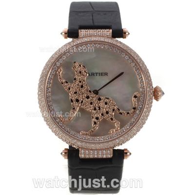 Cartier Panthere de Cartier Rose Gold Case Full Diamond Bezel with Grey MOP Dial-Leather Strap