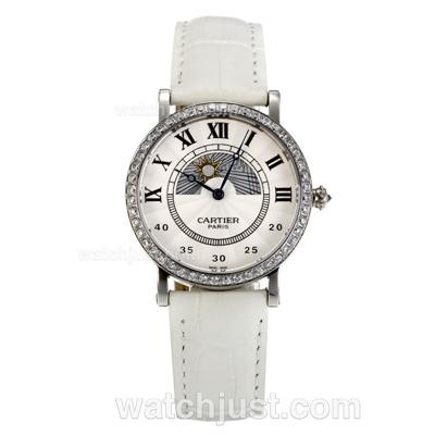 Cartier Rotonde Diamond Bezel with Beige Dial-White Leather Strap-Sapphire Glass