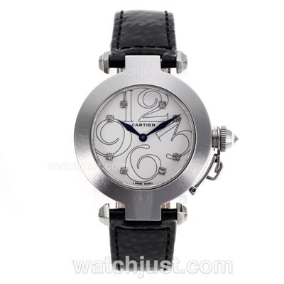 Cartier Pasha Diamond Markers with White Dial-Leather Strap