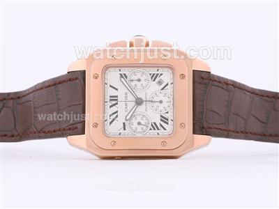 Cartier Santos 100 Chronograph Swiss Valjoux 7750 Movement Rose Gold Case-28800bph