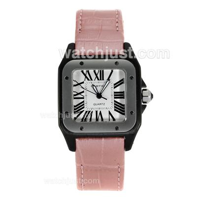 Cartier Santos 100 PVD Case with White Dial-Pink Leather Strap