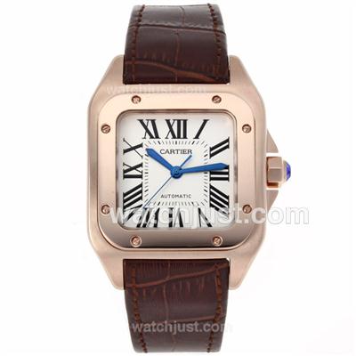 Cartier Santos 100 Swiss ETA 2892 Movement Rose Gold Case with White Dial-Leather Strap