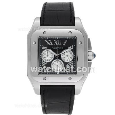 Cartier Santos 100 Working Chronograph with Black Dial-Leather Strap