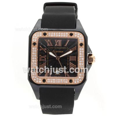 Cartier Santos Black Authentic Ceramic Case Rose Gold Diamond Bezel with Black Dial-Rubber Strap