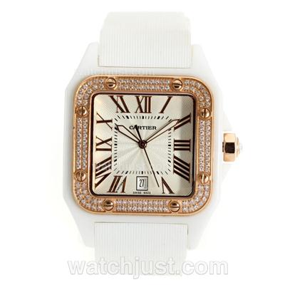 Cartier Santos White Authentic Ceramic Case Rose Gold Diamond Bezel with White Dial-White Rubber Strap