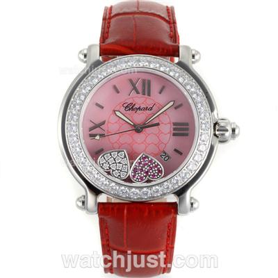 Chopard Happy Sport Diamond Bezel Roman Markers with Pink MOP Dial-Red Leather Strap