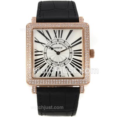 Franck Muller Master Square Rose Gold Case Diamond Bezel with White Dial-Roman Marking-42MM