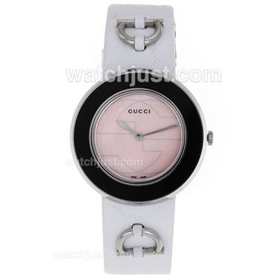 Gucci I-Gucci Collection Black Bezel with Pink Dial-White Leather Strap