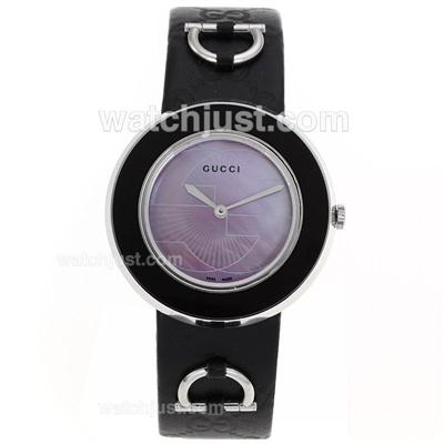 Gucci I-Gucci Collection Black Bezel with Purple MOP Dial-Black Leather Strap