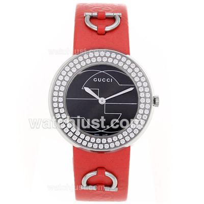 Gucci I-Gucci Collection Diamond Bezel with Black Dial-Red Leather Strap