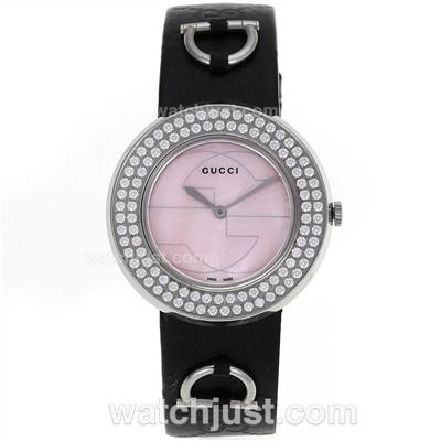 Gucci I-Gucci Collection Diamond Bezel with Pink Dial-Black Leather Strap